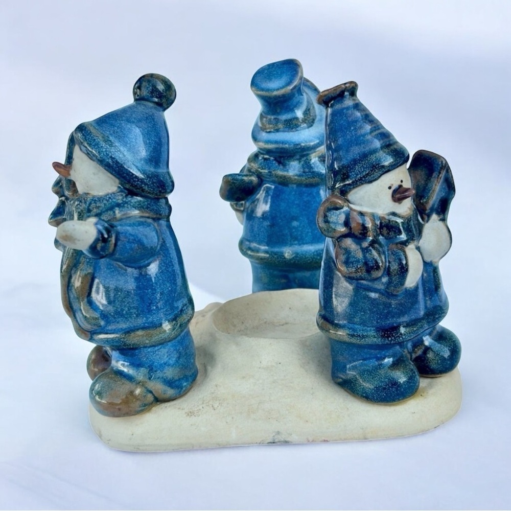 Vintage Christmas Decor Accents Blue Stoneware Snowman Candle Holder Festive Art - Picture 3 of 15